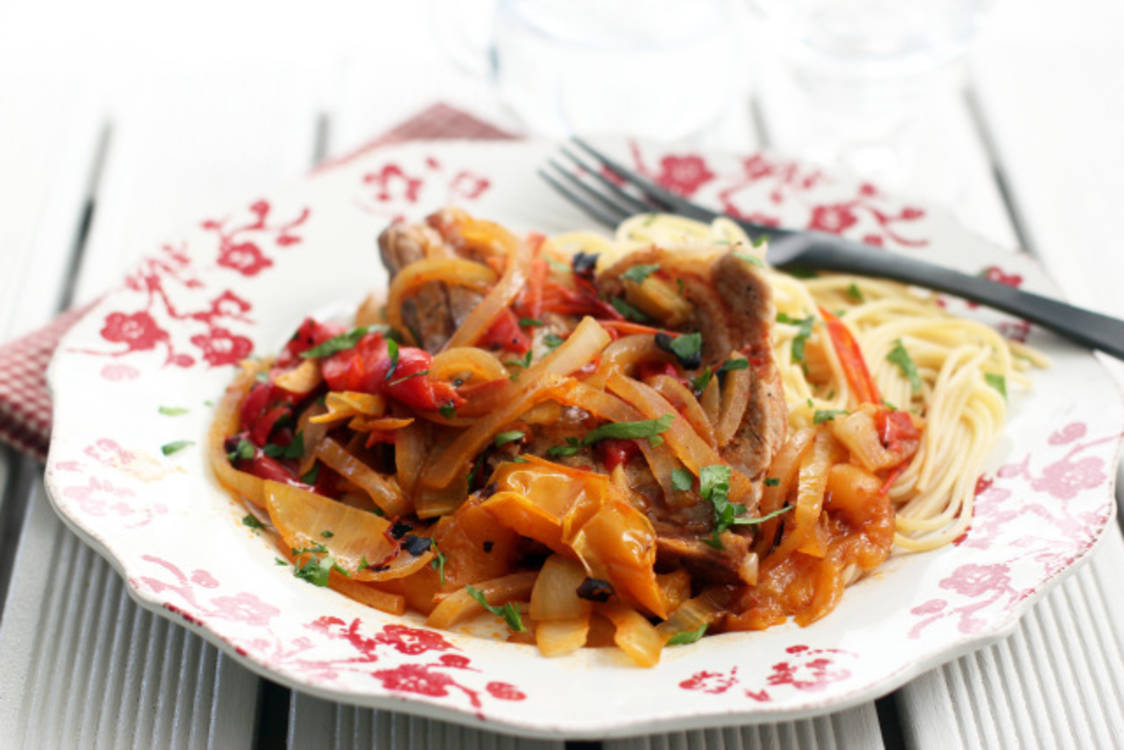 Veal Chops Smothered in Onions and Grilled Peppers Morada Produce Company